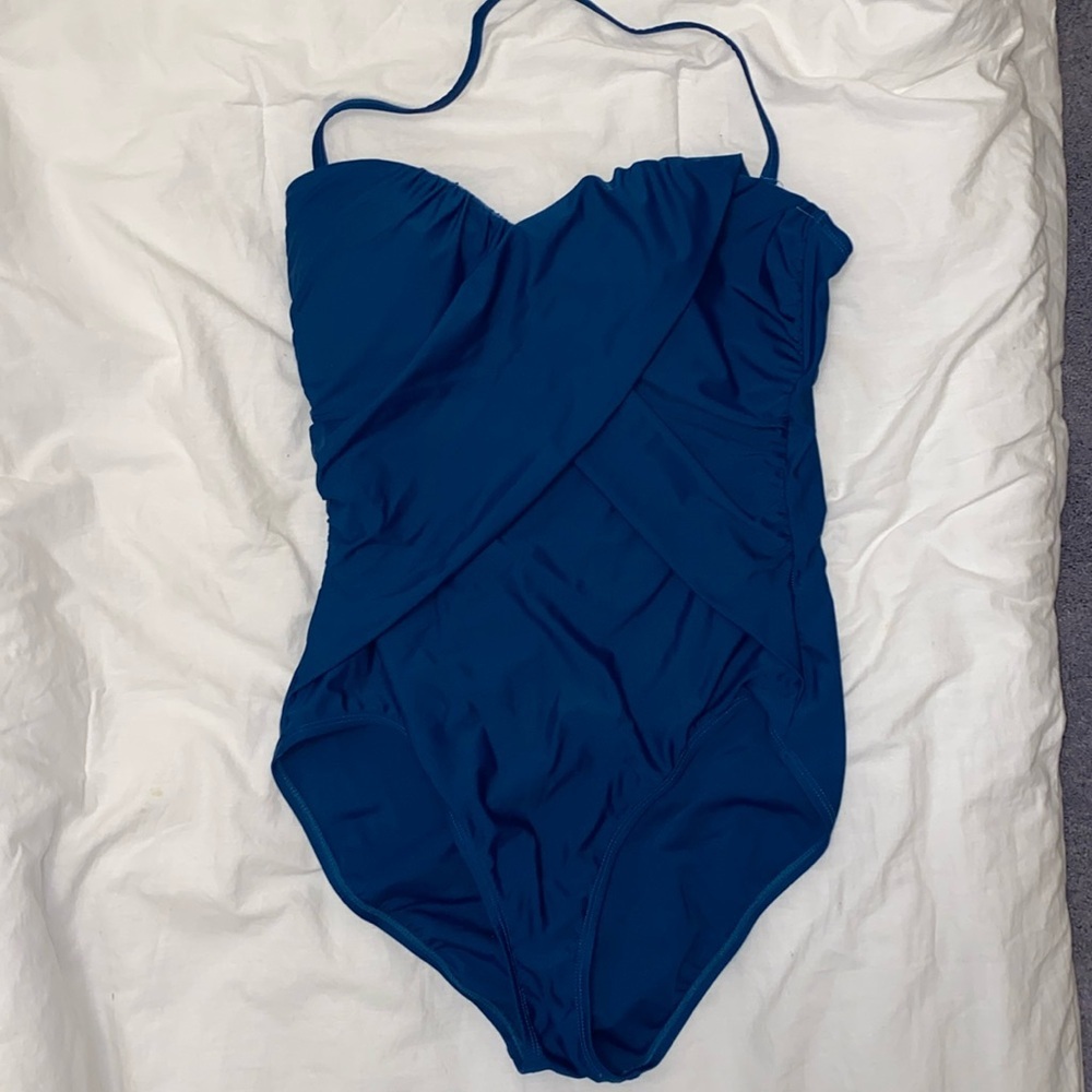 Ellen Tracy Wrap Front One Piece Bathing Suit Midnight Blue 14